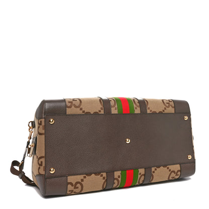 Gucci Monogram Jumbo GG Textured Dollar Calfskin Web Large Duffle Bag Camel Ebony 3 of 9