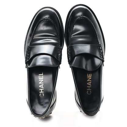 Chanel Shiny Calfskin Logo Loafers 38.5 Black 2 of 8