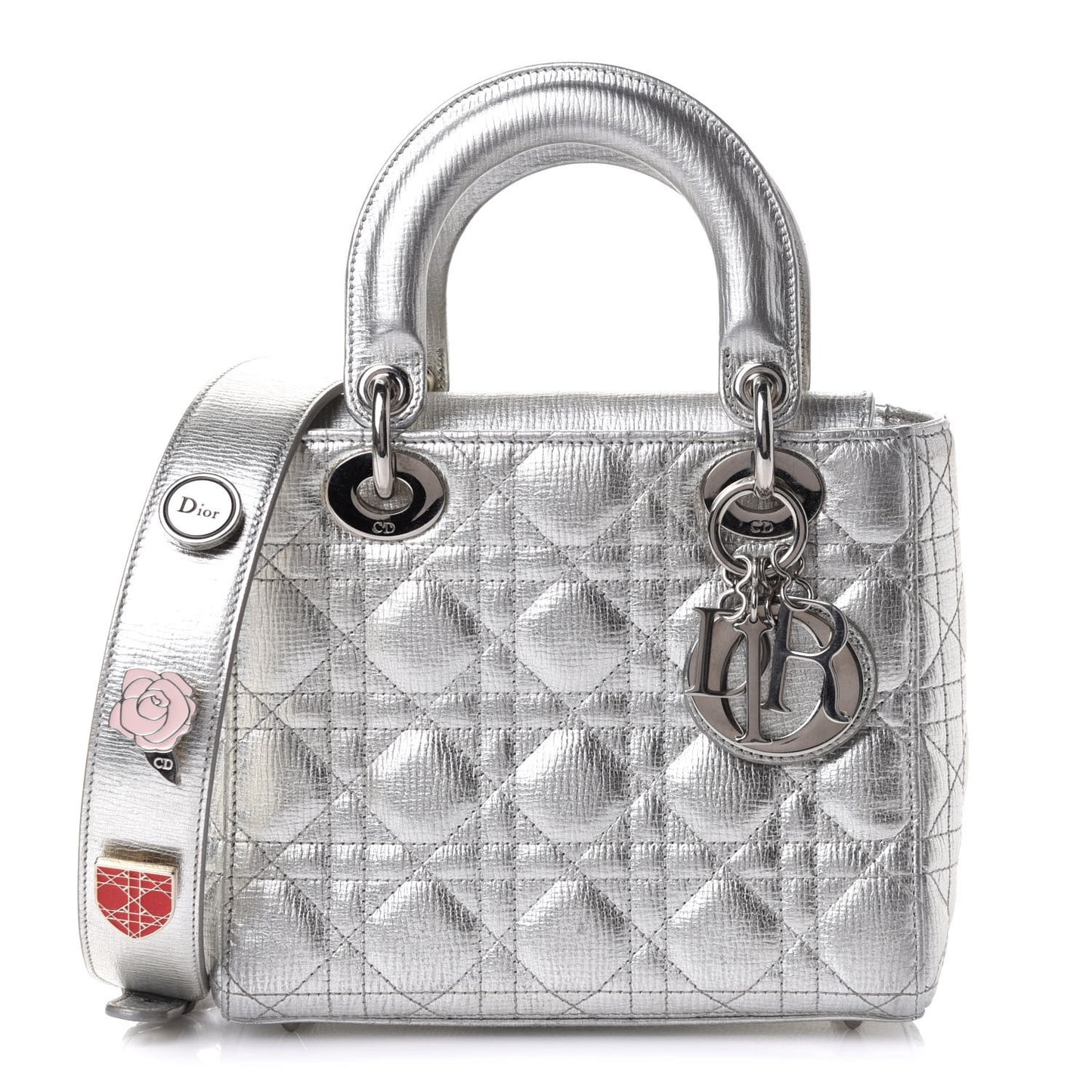 Metallic Grained Calfskin Cannage Small Lucky Badges My Lady Dior Silver