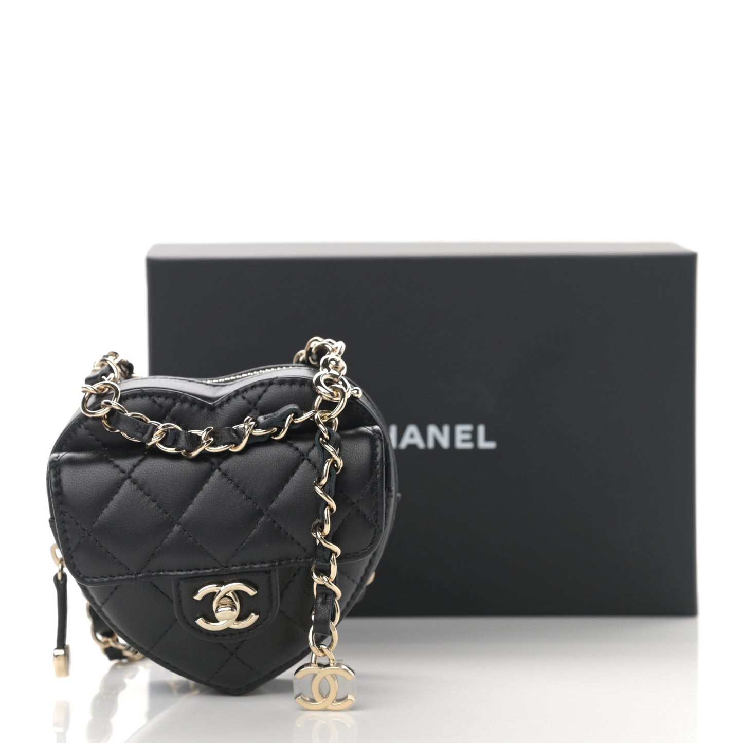Lambskin Quilted CC In Love Heart Waist Belt Bag With Chain Black