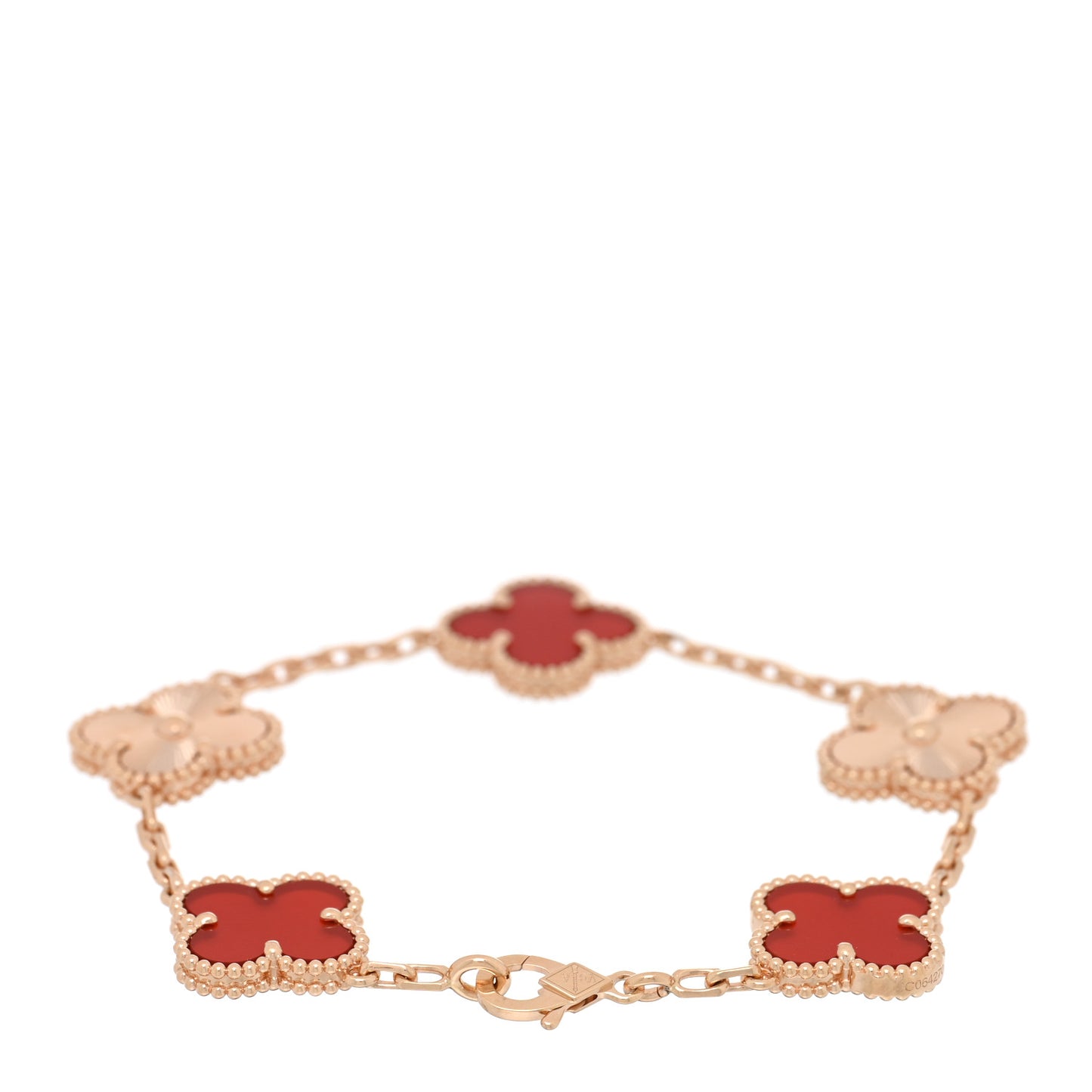18K Rose Gold Carnelian 5 Motifs Guilloche Vintage Alhambra Bracelet