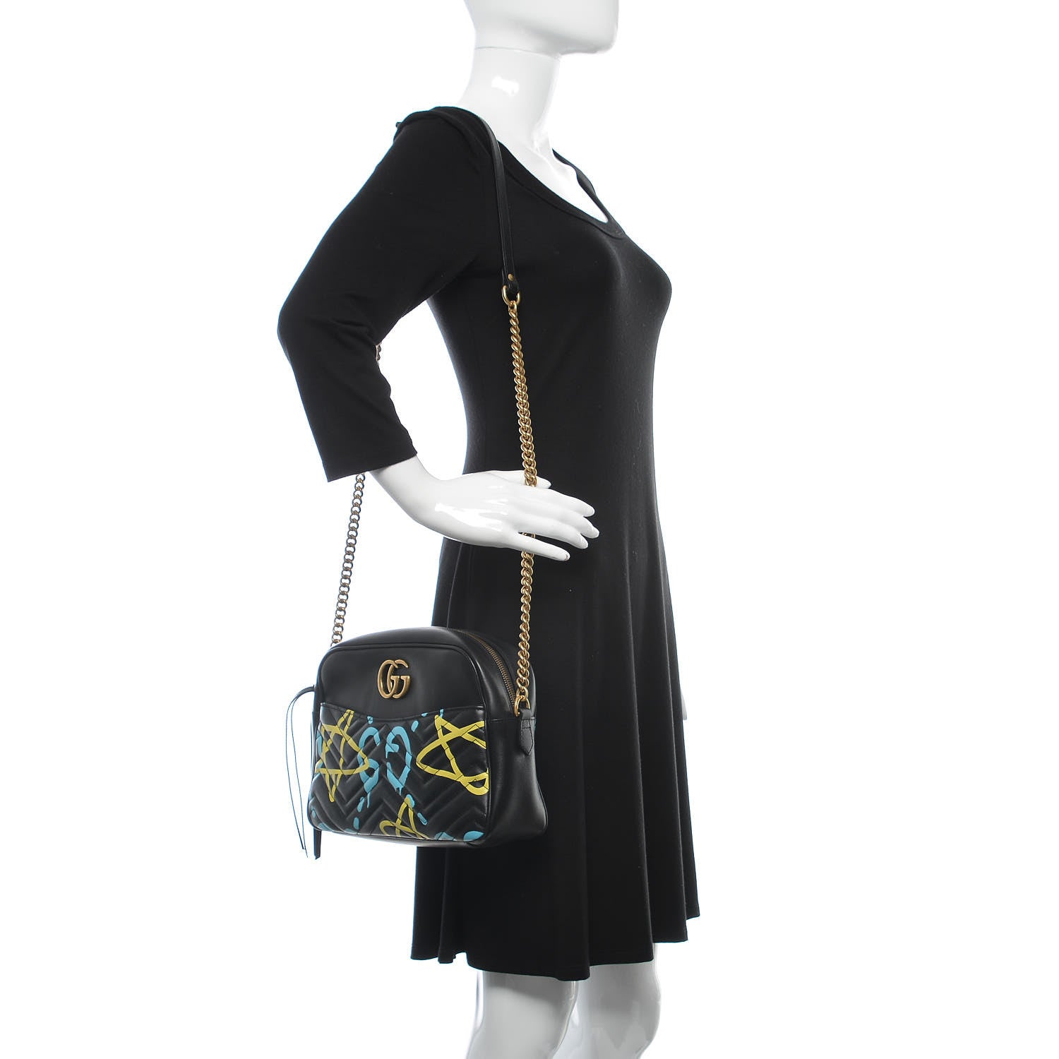 Gucci Calfskin Matelasse GucciGhost Medium GG Marmont Chain Shoulder Bag Black New Acquamarine 2 of 10