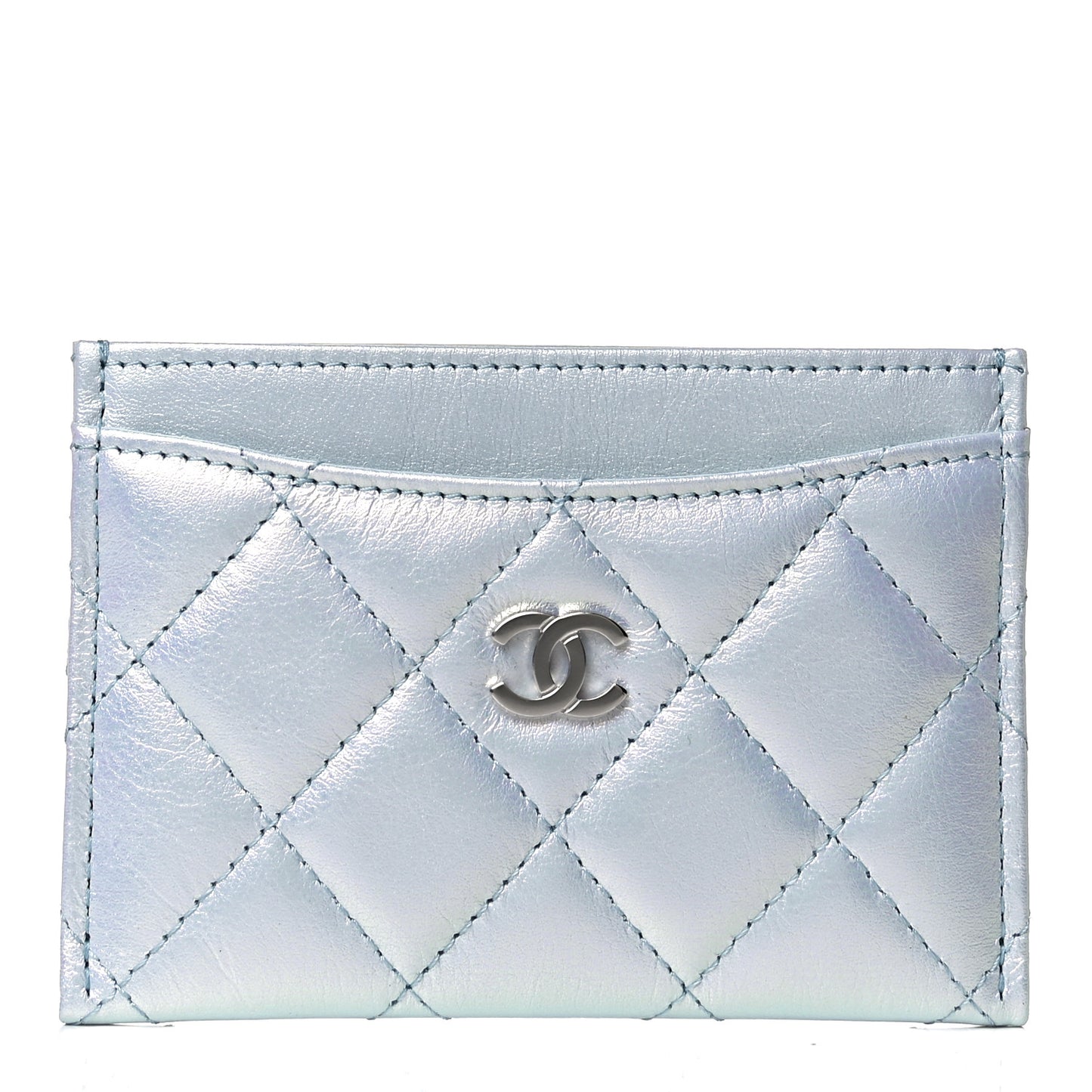 Iridescent Lambskin Quilted Card Holder Light Blue