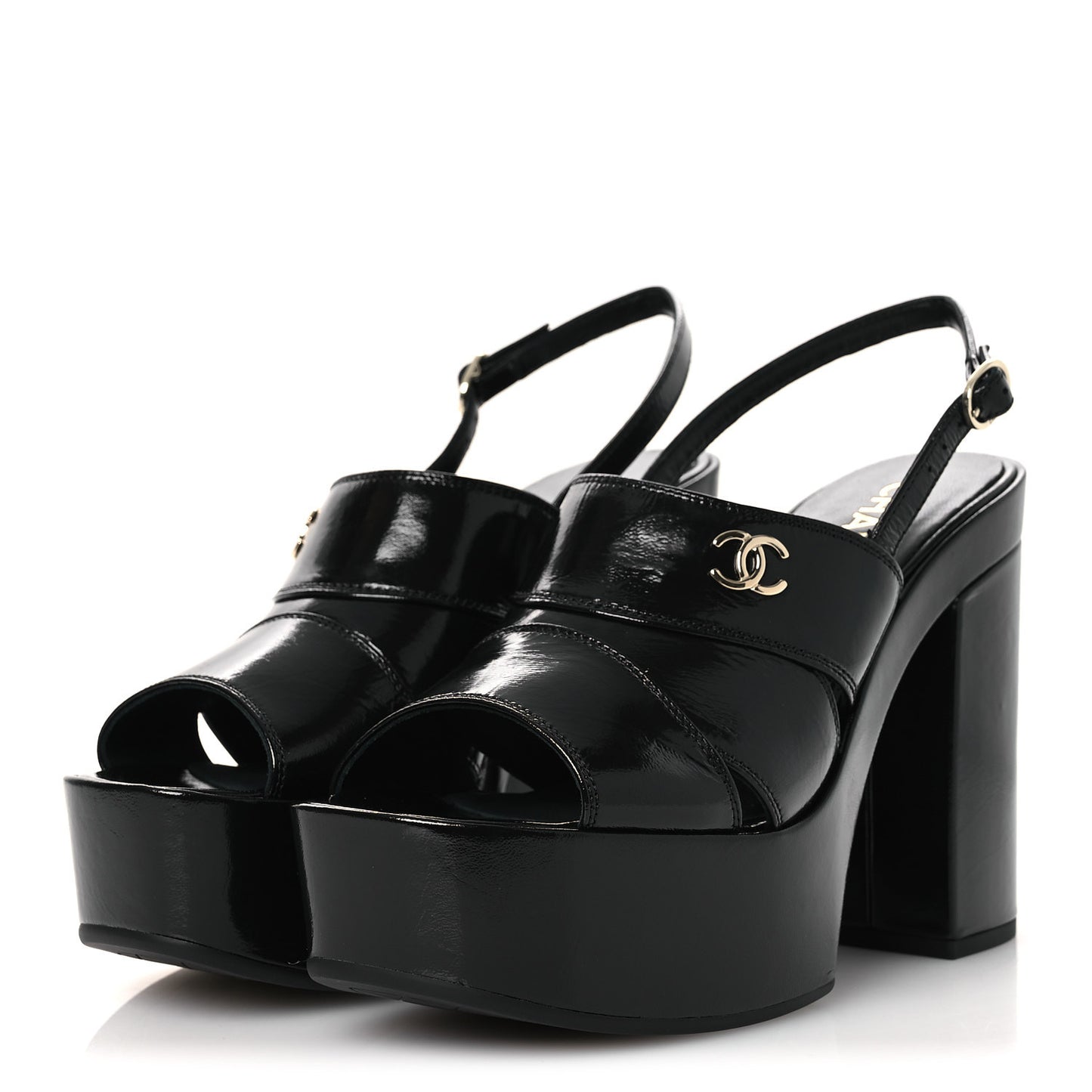 Crumpled Patent Lambskin Platform Sandals 39.5 Black