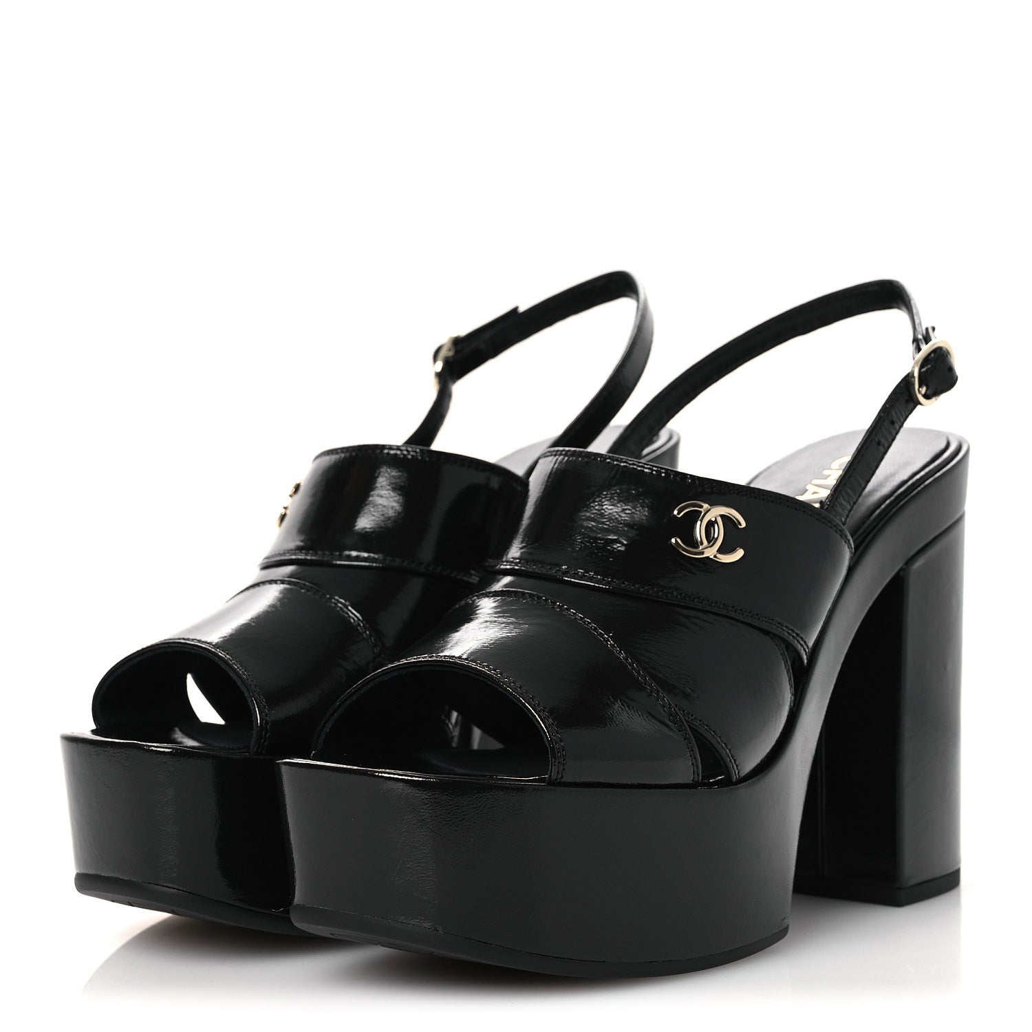 Chanel Crumpled Patent Lambskin Platform Sandals 39.5 Black 4 of 11