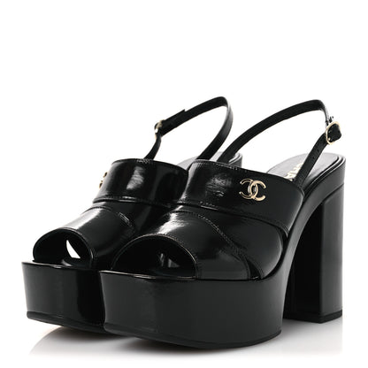 Chanel Crumpled Patent Lambskin Platform Sandals 39.5 Black 4 of 11
