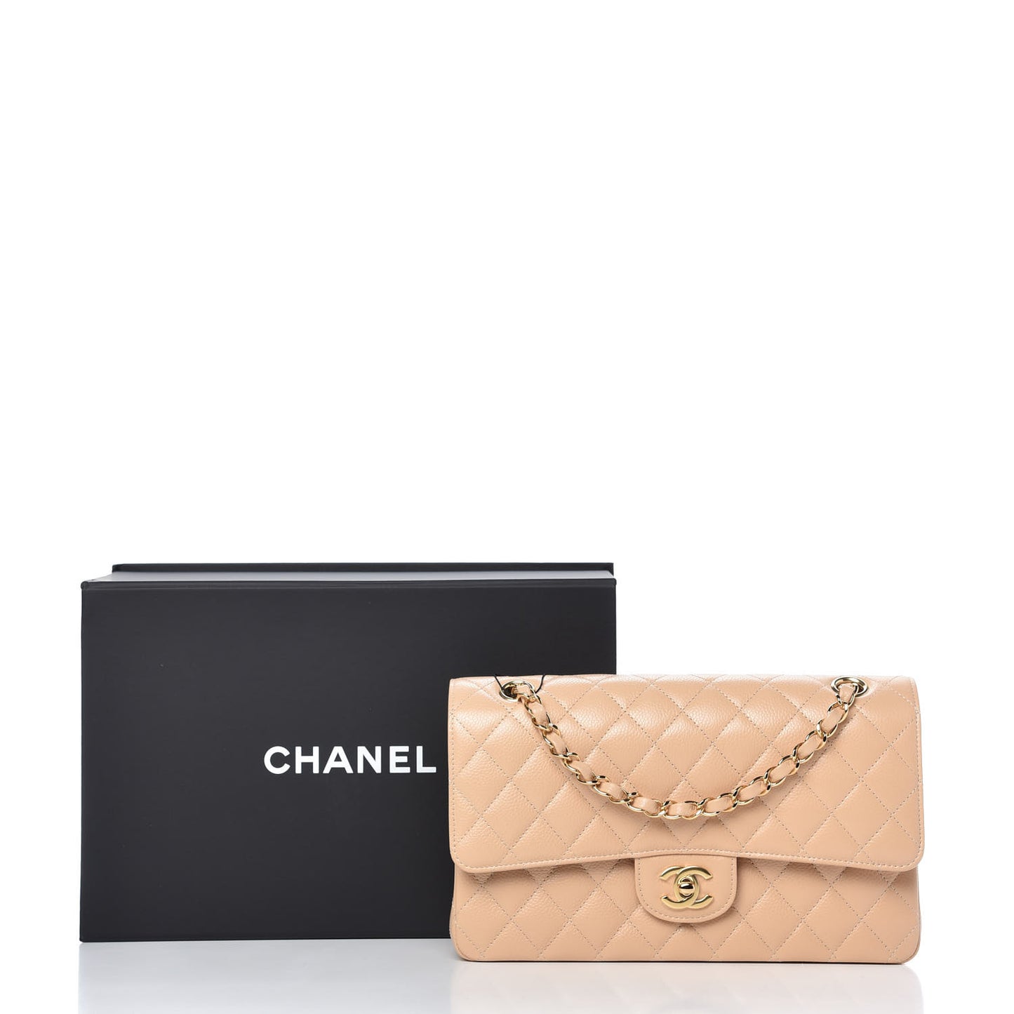 Caviar Quilted Medium Double Flap Beige