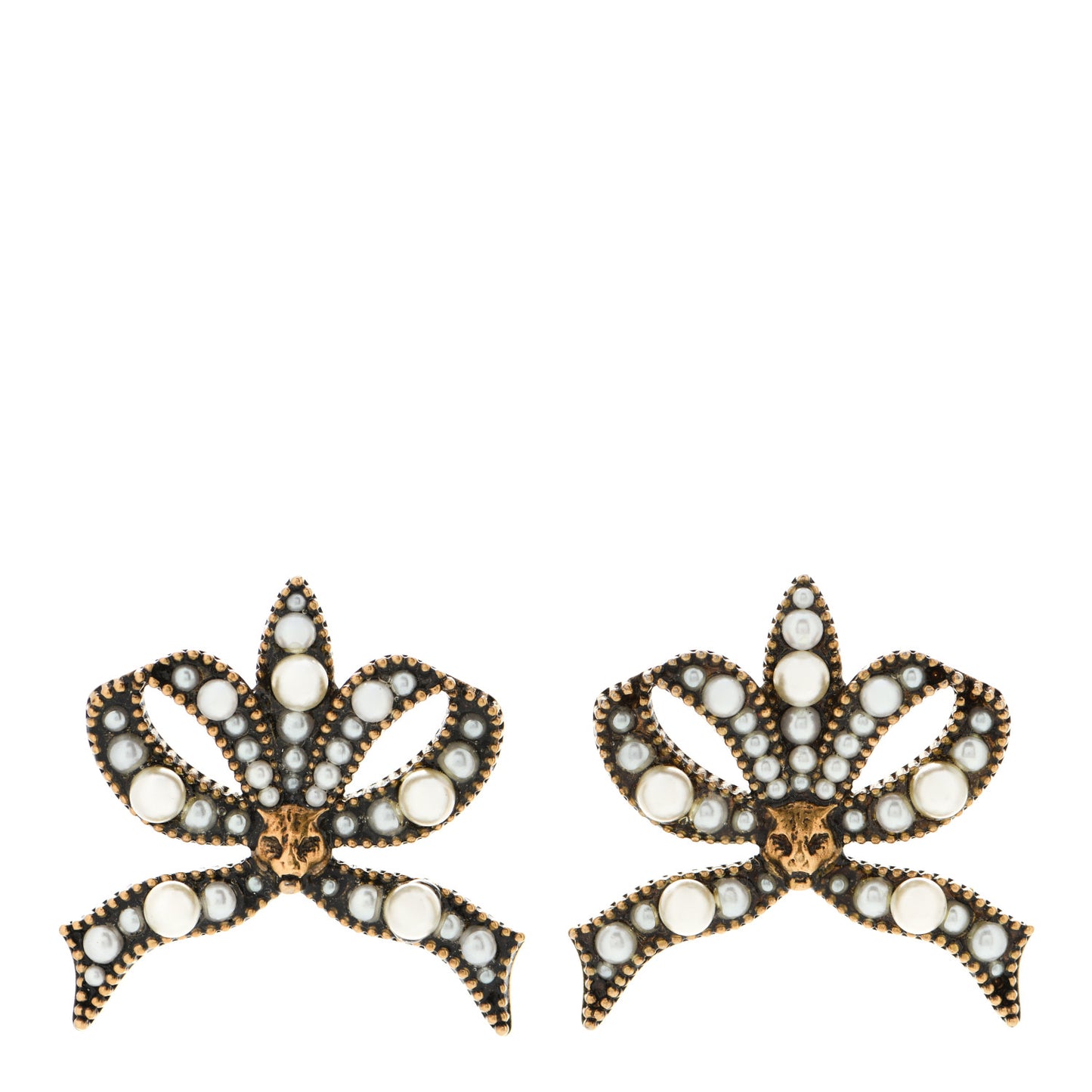 Metal Crystal Resin Pearl Feline Bow Earrings Aged Gold