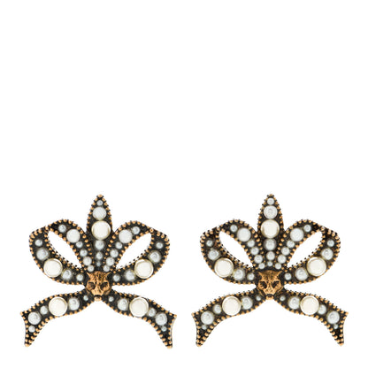 Gucci Metal Crystal Resin Pearl Feline Bow Earrings Aged Gold 1 of 5