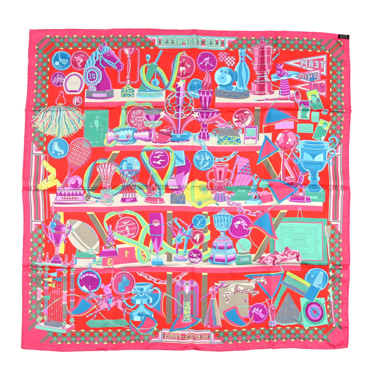 Silk Les Trophees Scarf 90 Rose Vif Rouge Turquoise