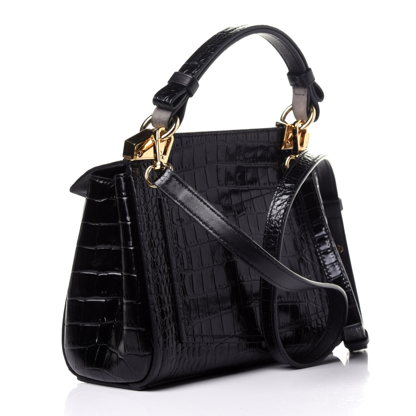 Calfskin Crocodile Embossed Mini Mystic Shoulder Bag Black
