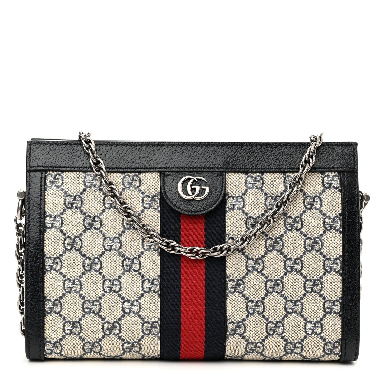 GG Supreme Monogram Textured Dollar Calfskin Web Small Ophidia Chain Shoulder Bag Beige Blue