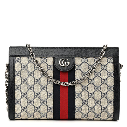 Gucci GG Supreme Monogram Textured Dollar Calfskin Web Small Ophidia Chain Shoulder Bag Beige Blue 1 of 11