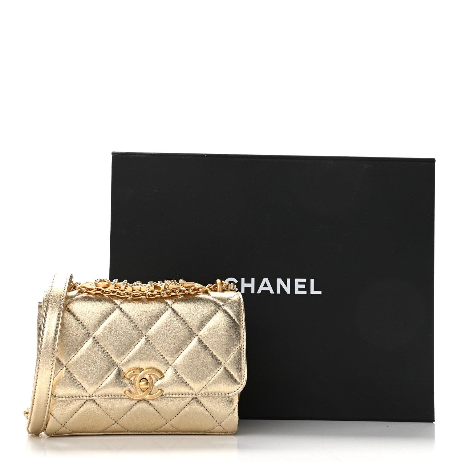 Chanel Metallic Lambskin Quilted Mini CC Crystal Logo Chain Flap Gold 11 of 11