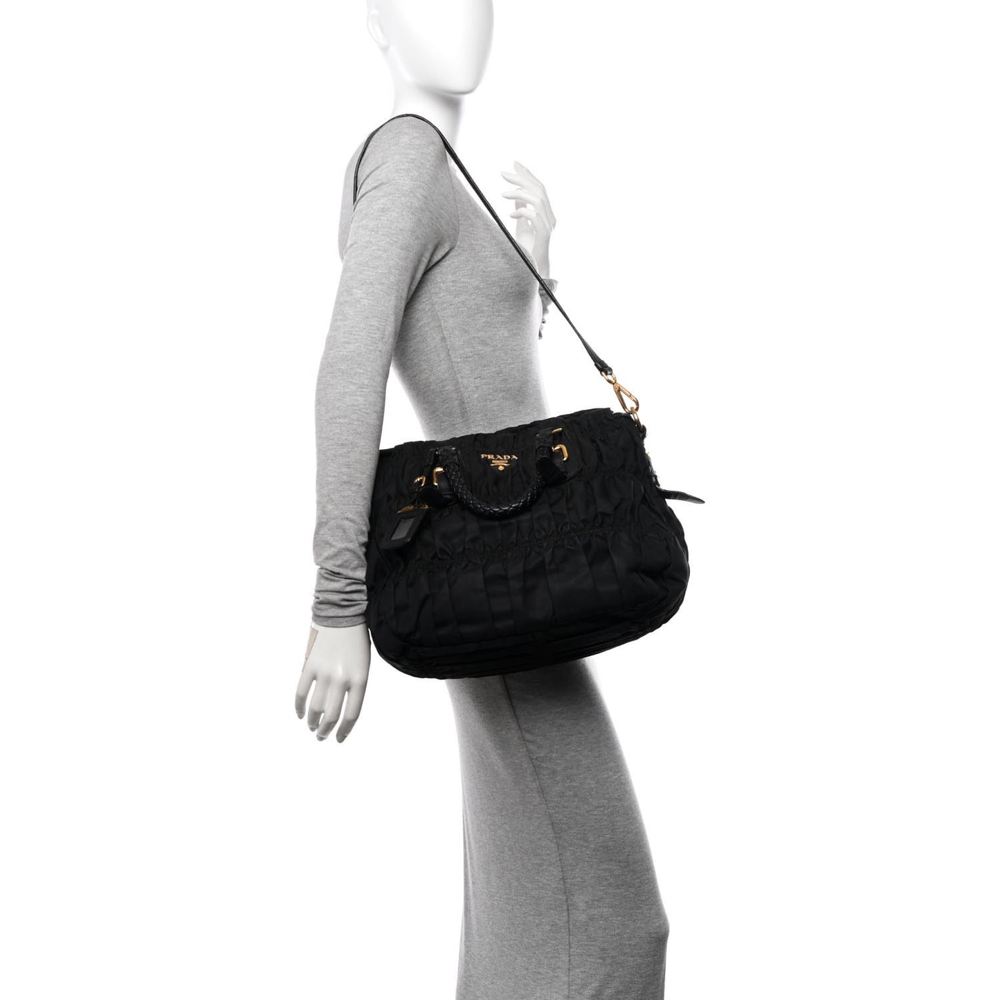 Tessuto Nylon Nappa Braided Gaufre Shopping Satchel Black