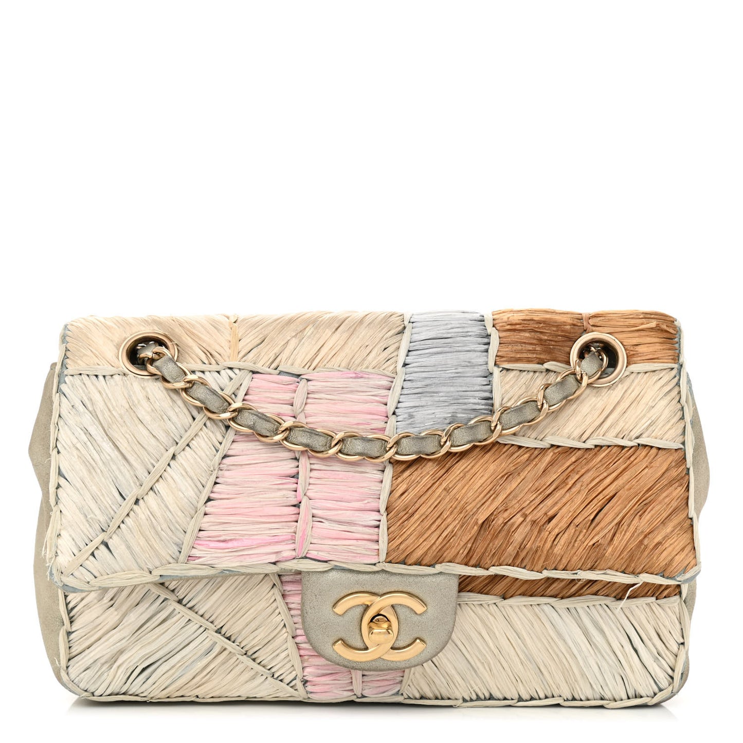 Metallic Woven Raffia Patchwork Single Flap Green