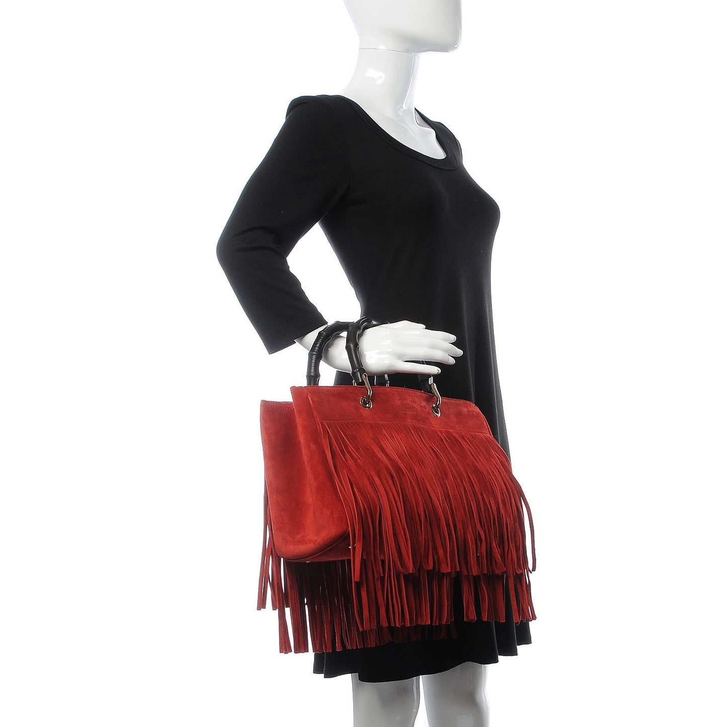 Suede Bamboo Fringe Medium Shopper Tote Red