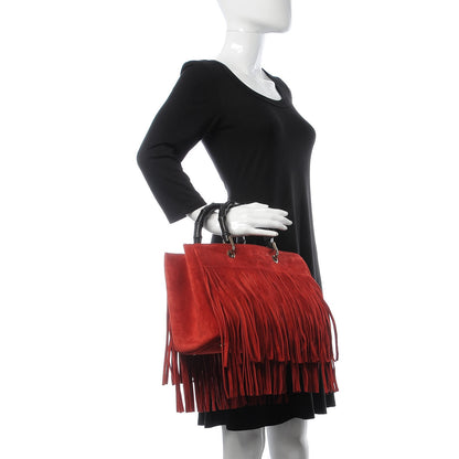 Gucci Suede Bamboo Fringe Medium Shopper Tote Red 2 of 12