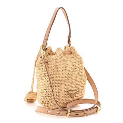 Prada Yarn Raffia Effect Crochet Small Bucket Bag Naturale 3 of 9