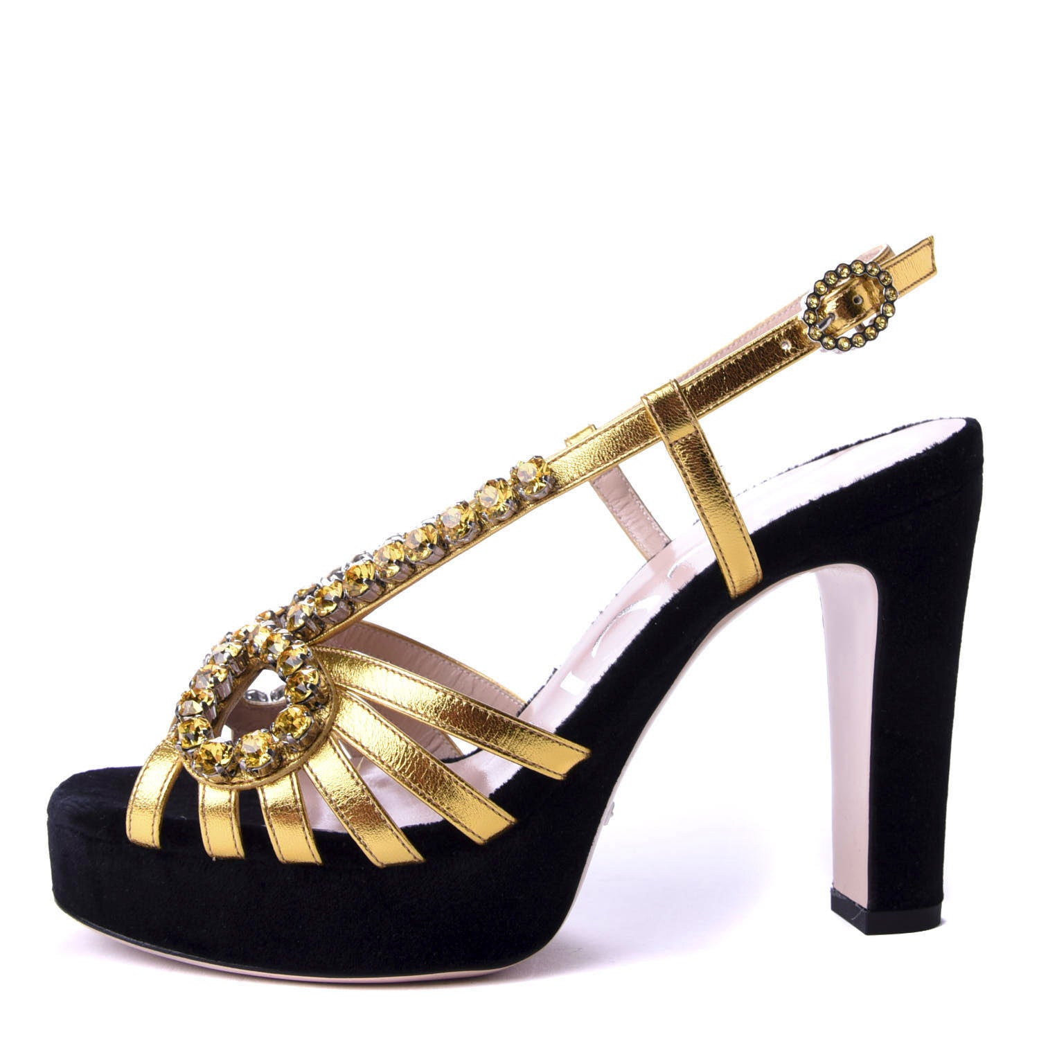 Gucci Velvet Nappa Crystal Zephyra Slingback Platform High Heel Sandals 36.5 Black Gold 1 of 9