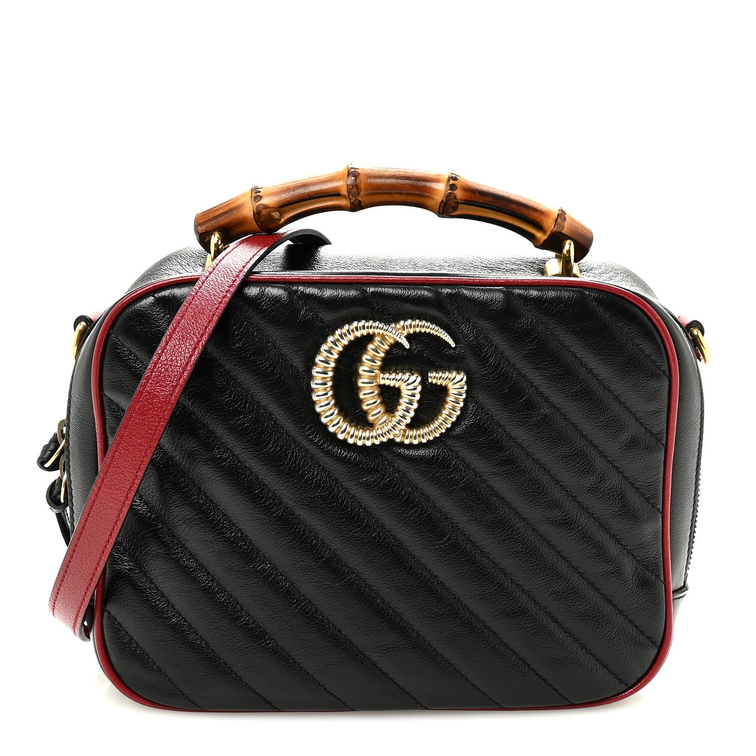 Gucci Vintage Effect Calfskin Matelasse Diagonal Small Torchon GG Marmont Bamboo Top Handle Shoulder Bag Black Romantic Cherry 1 of 10