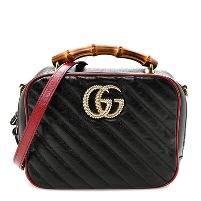 Gucci Vintage Effect Calfskin Matelasse Diagonal Small Torchon GG Marmont Bamboo Top Handle Shoulder Bag Black Romantic Cherry 1 of 10