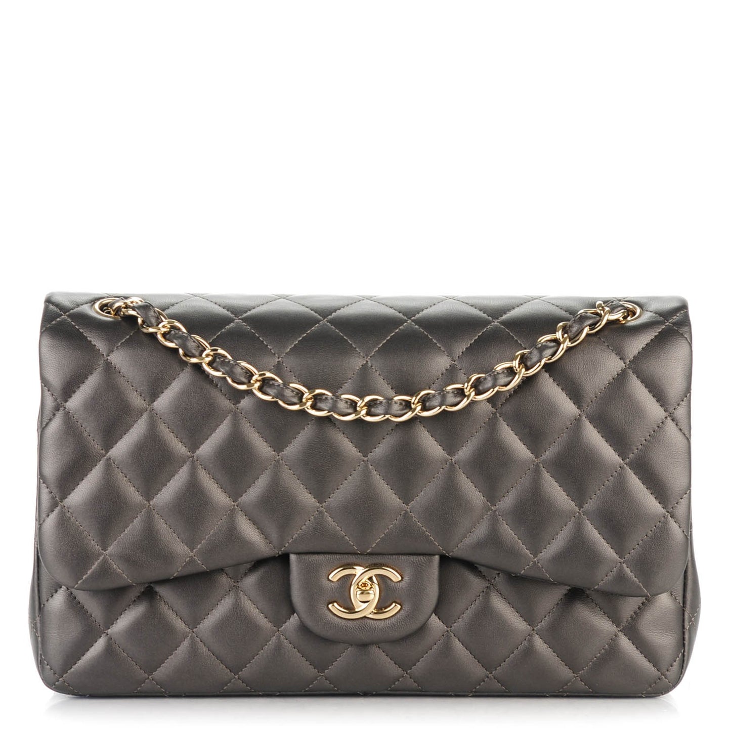 Metallic Lambskin Quilted Jumbo Double Flap Dark Grey