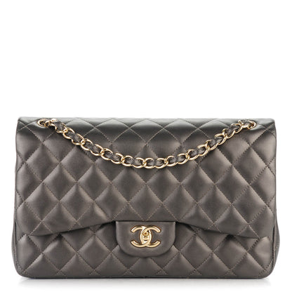 Chanel Metallic Lambskin Quilted Jumbo Double Flap Dark Grey 1 of 8
