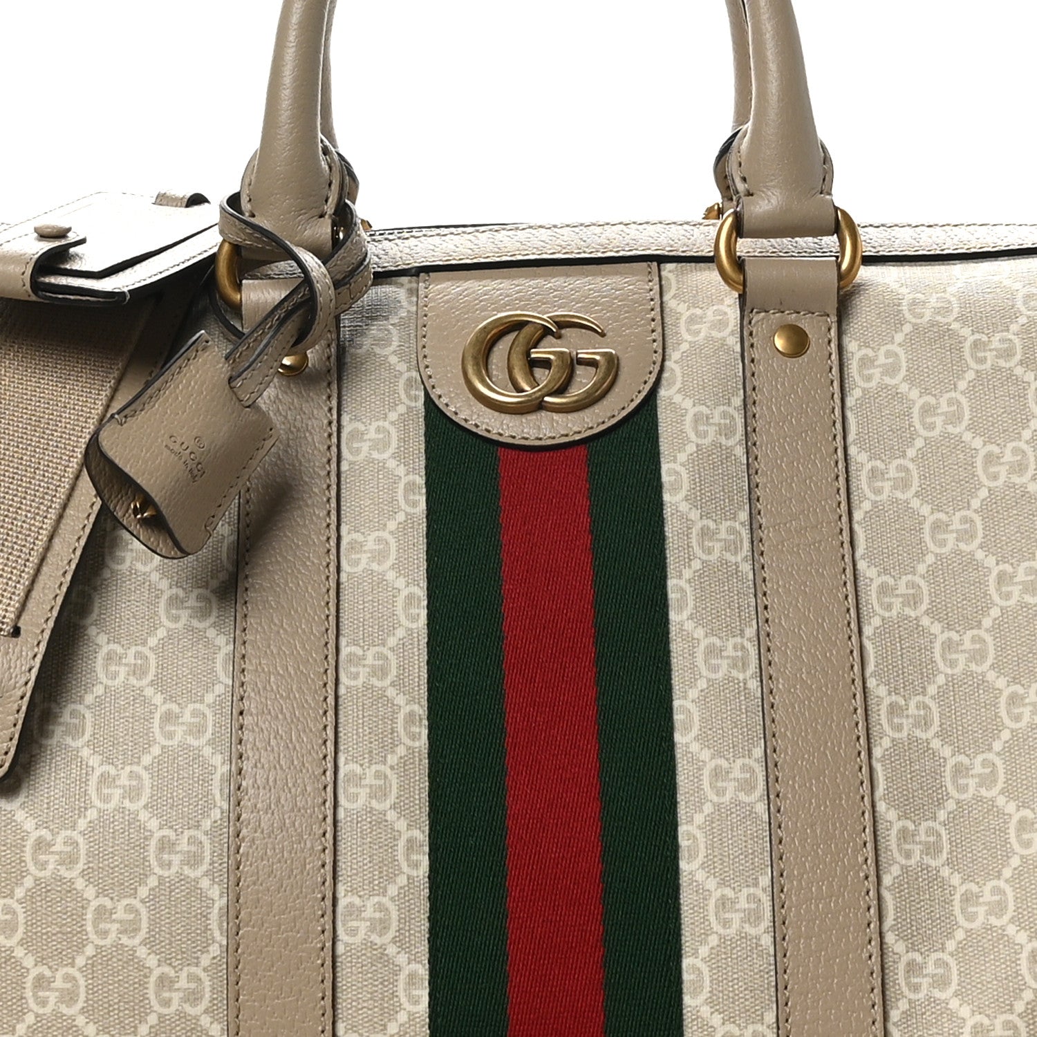 Gucci GG Supreme Monogram Textured Dollar Calfskin Web Medium Savoy Duffle Bag Beige Mystic White Oatmeal 7 of 10