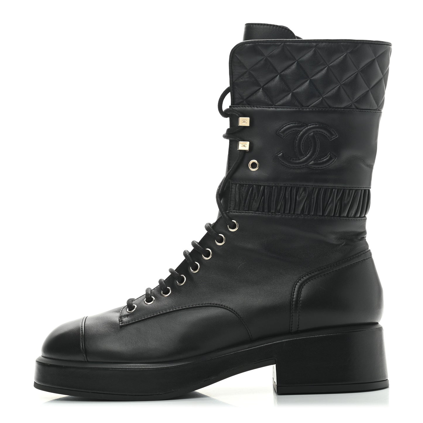 Lambskin Quilted Lace Up Combat Boots 41 Black