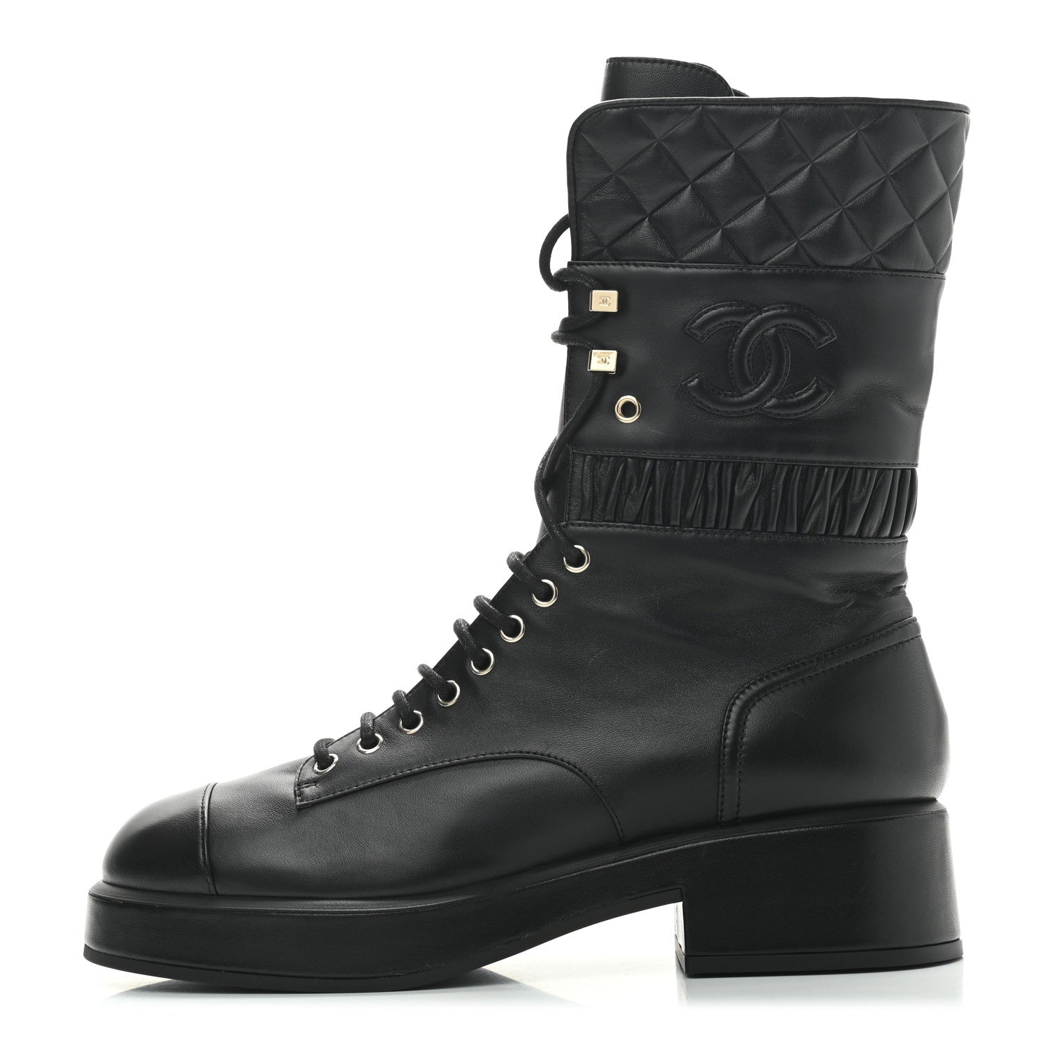 Chanel Lambskin Quilted Lace Up Combat Boots 41 Black 1 of 8