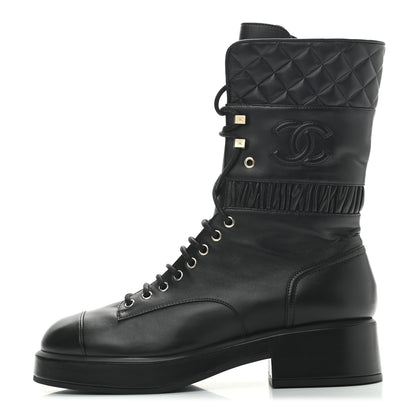 Chanel Lambskin Quilted Lace Up Combat Boots 41 Black 1 of 8