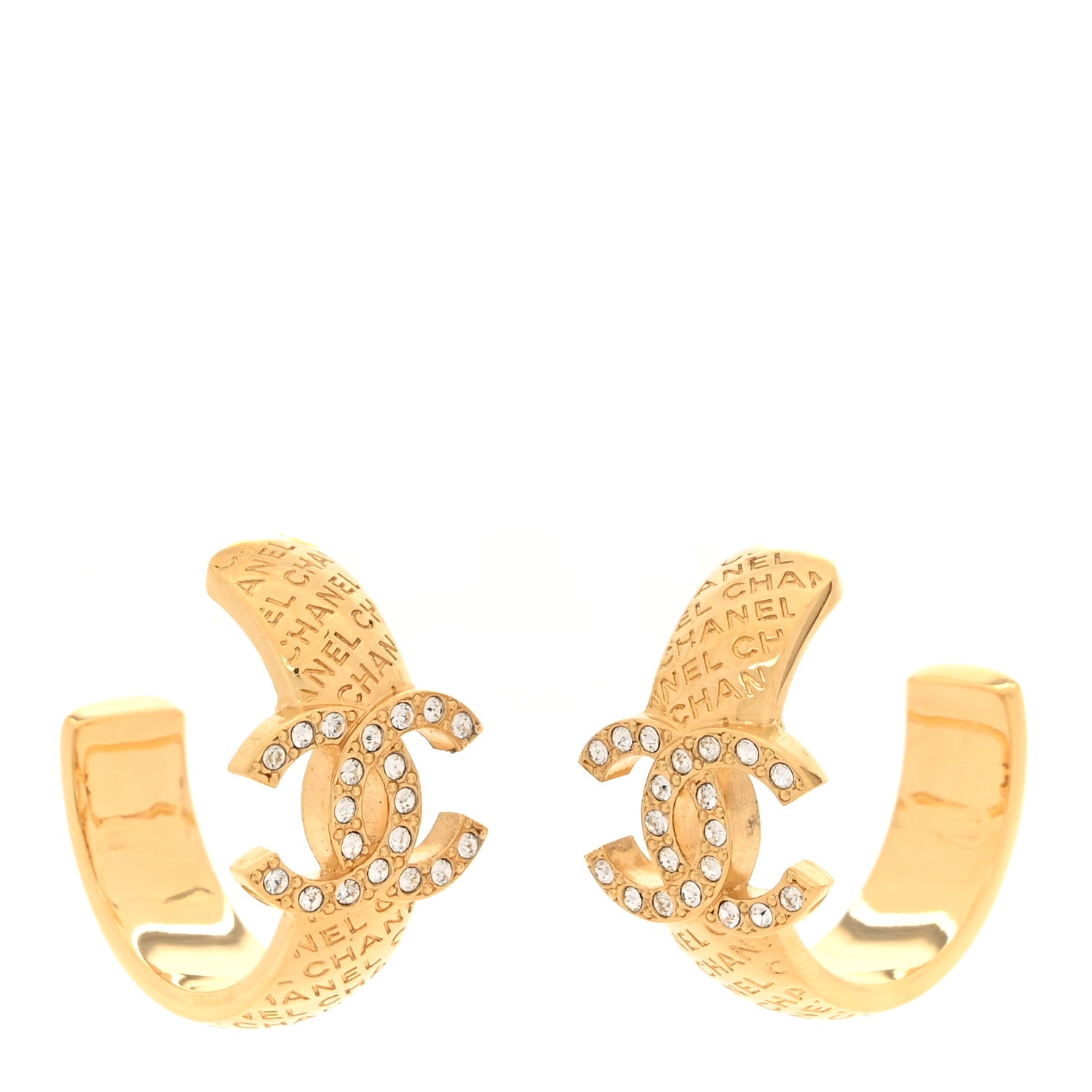 Chanel Metal Crystal CC Logo Hoop Earrings Gold 1 of 5