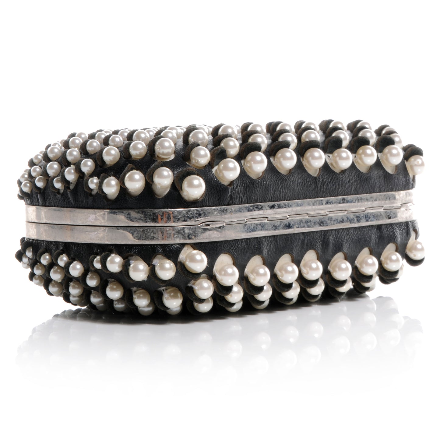 Pearl Embellished Calfskin Skull Box Clutch Black