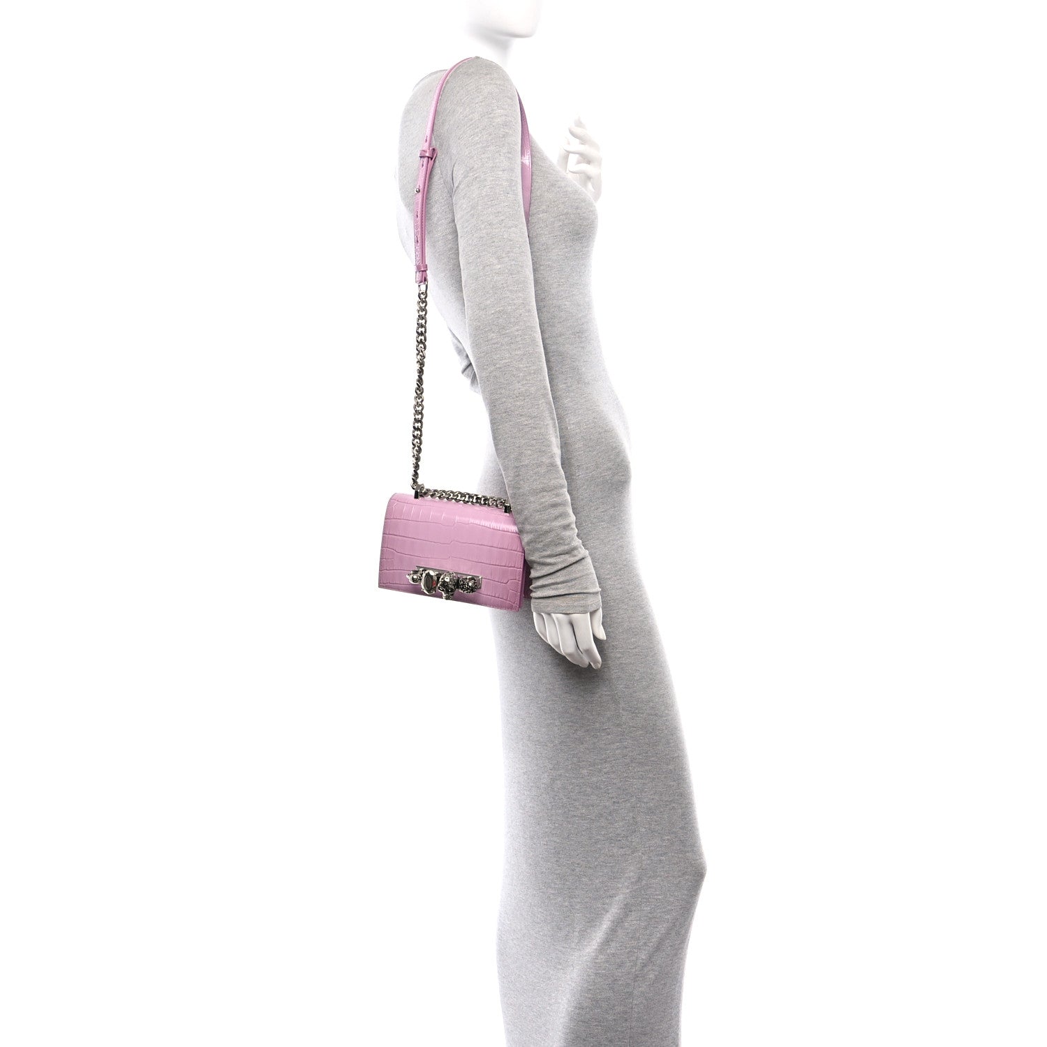 Alexander McQueen Shiny Crocodile Embossed Jeweled Satchel Pink 2 of 11
