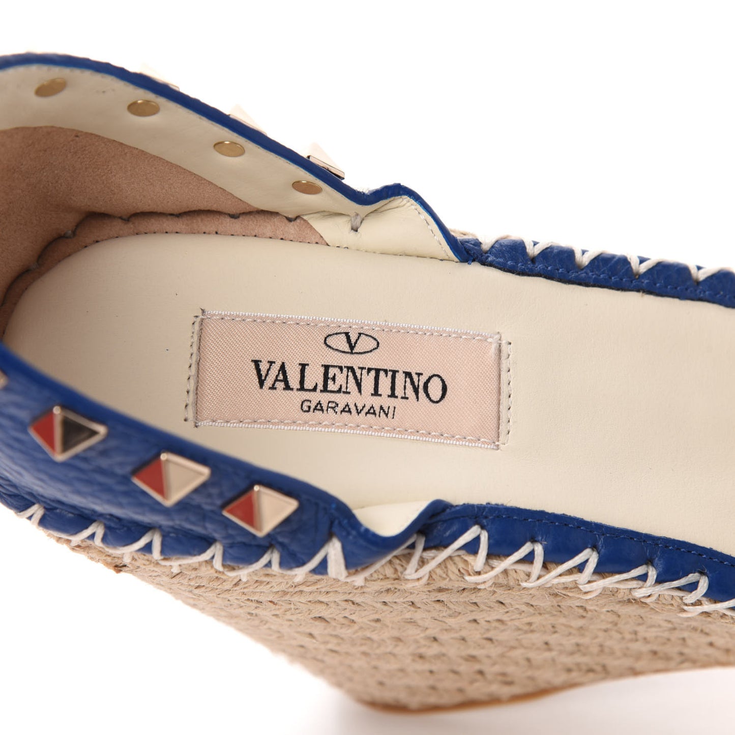 Grained Calfskin Rockstud Ankle Strap Espadrille 15/105mm Wedge Sandals 37 Blu Delft Natural