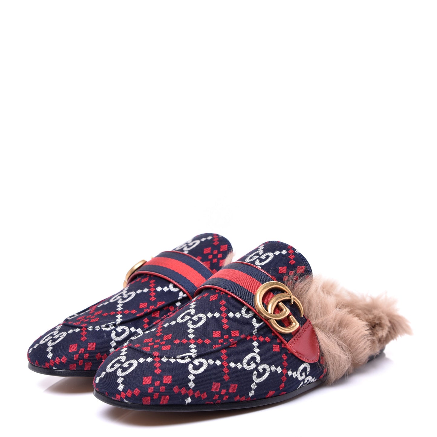 Canvas GG Monogram Diamond Fur Web GG Mens Princetown Slippers 7.5 Midnight Blue Hibiscus Red