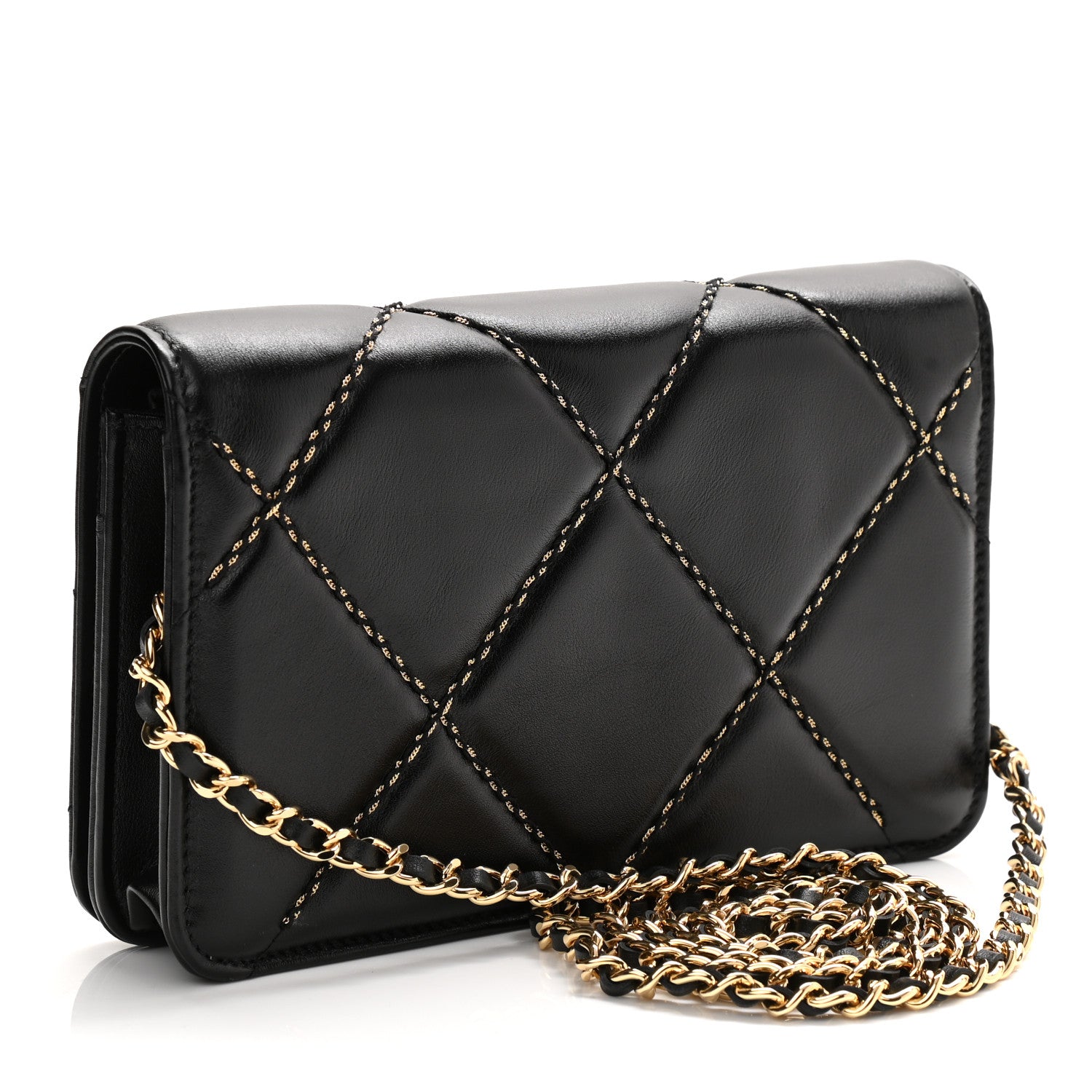 Chanel Lambskin Double Stitch Quilted Wallet On Chain WOC Black 3 of 12