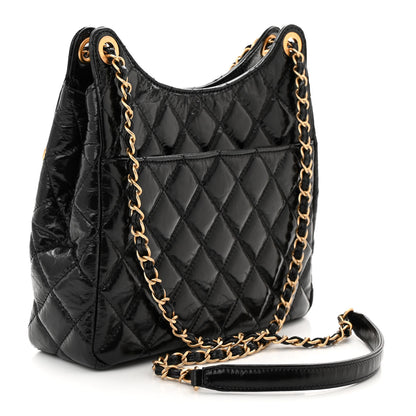 Chanel Shiny Crumpled Calfskin Quilted Wavy CC Hobo Black 3 of 11
