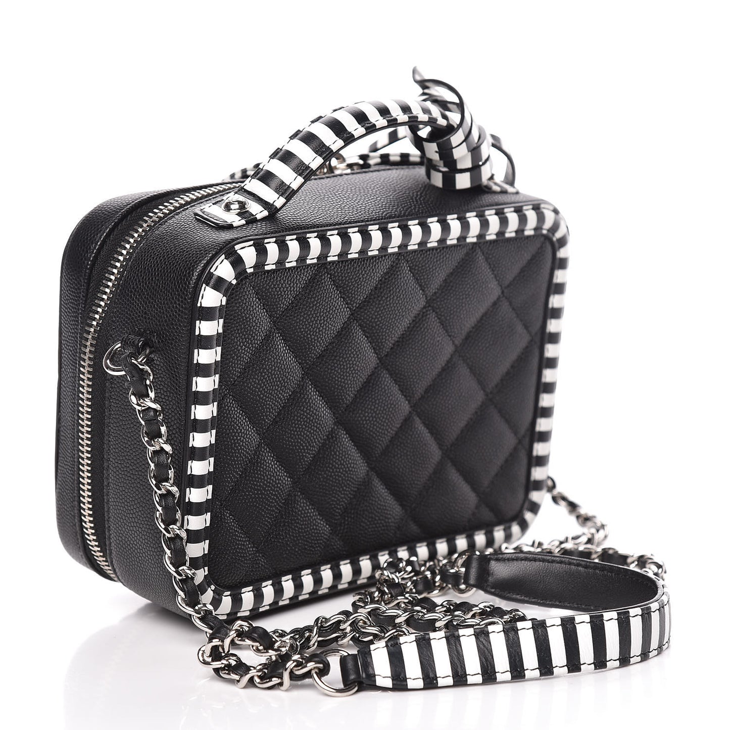 Caviar Quilted Striped Small CC Filigree Vanity Case Black White