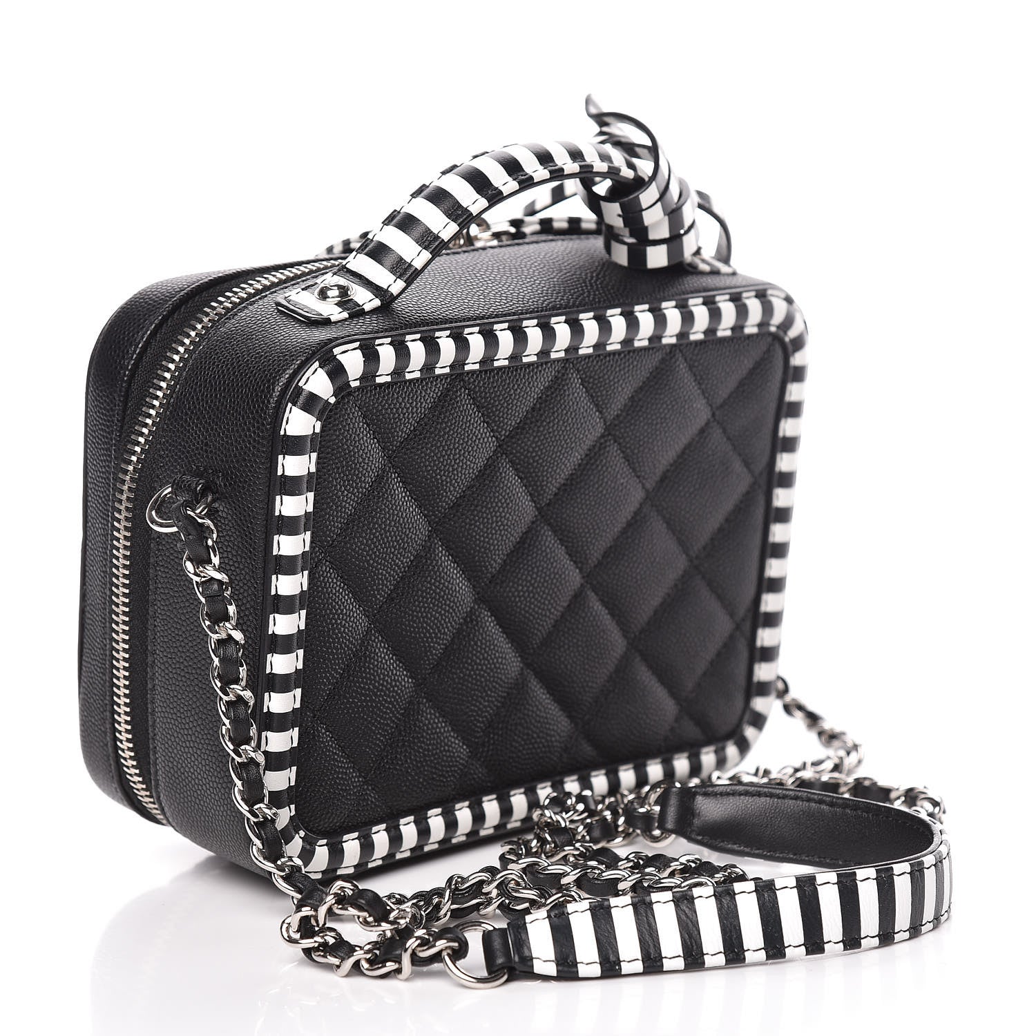 Chanel Caviar Quilted Striped Small CC Filigree Vanity Case Black White 3 of 10