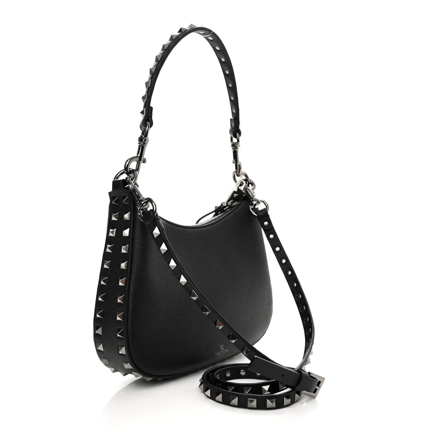 Grained Calfskin Rockstud Hobo Bag Black