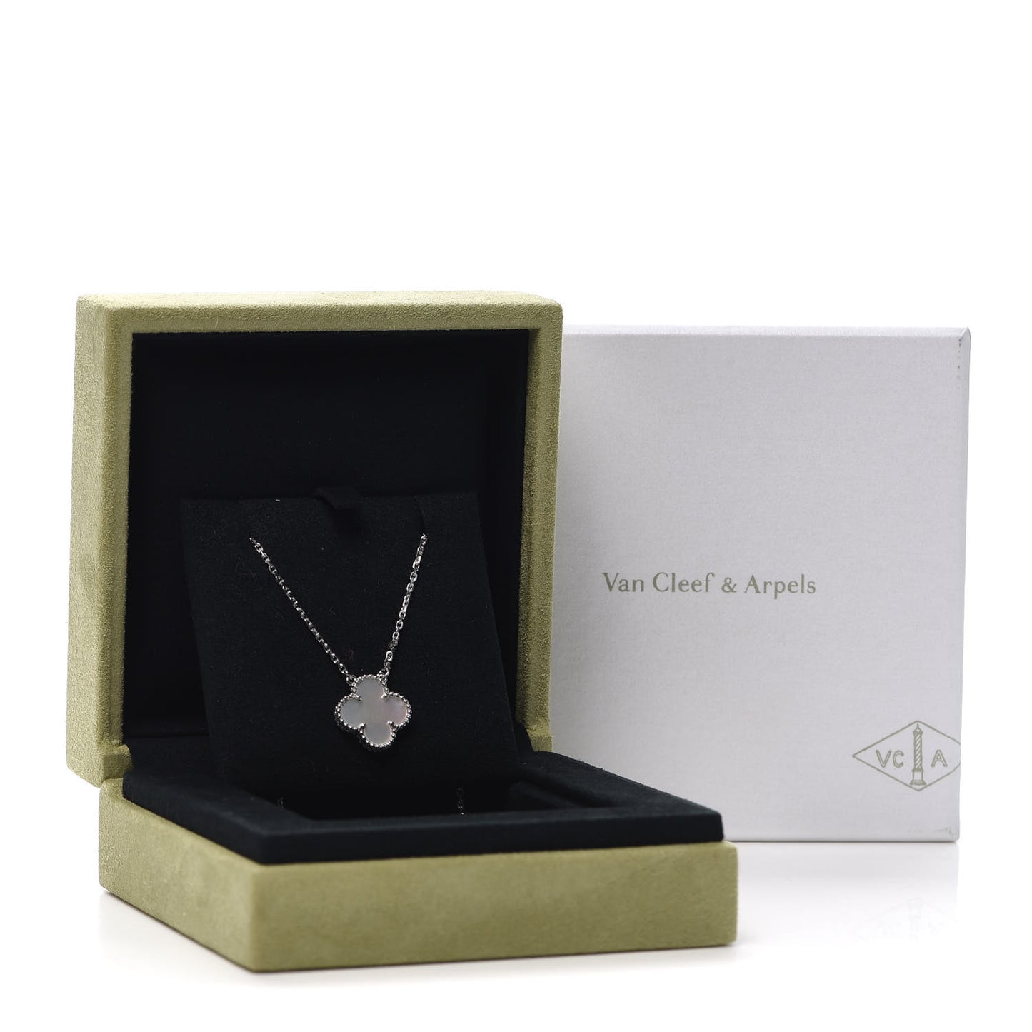 18K White Gold Mother of Pearl Vintage Alhambra Pendant Necklace