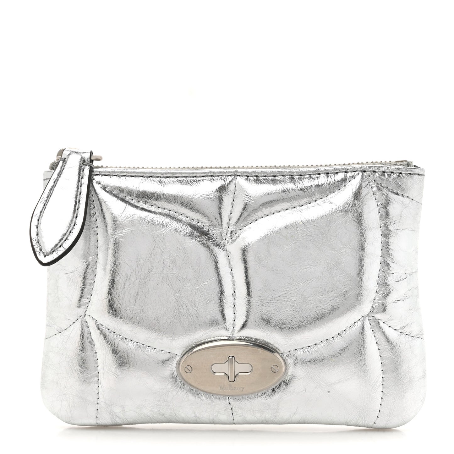 Metallic Crinkled Calfskin Softie Zip Coin Pouch Silver