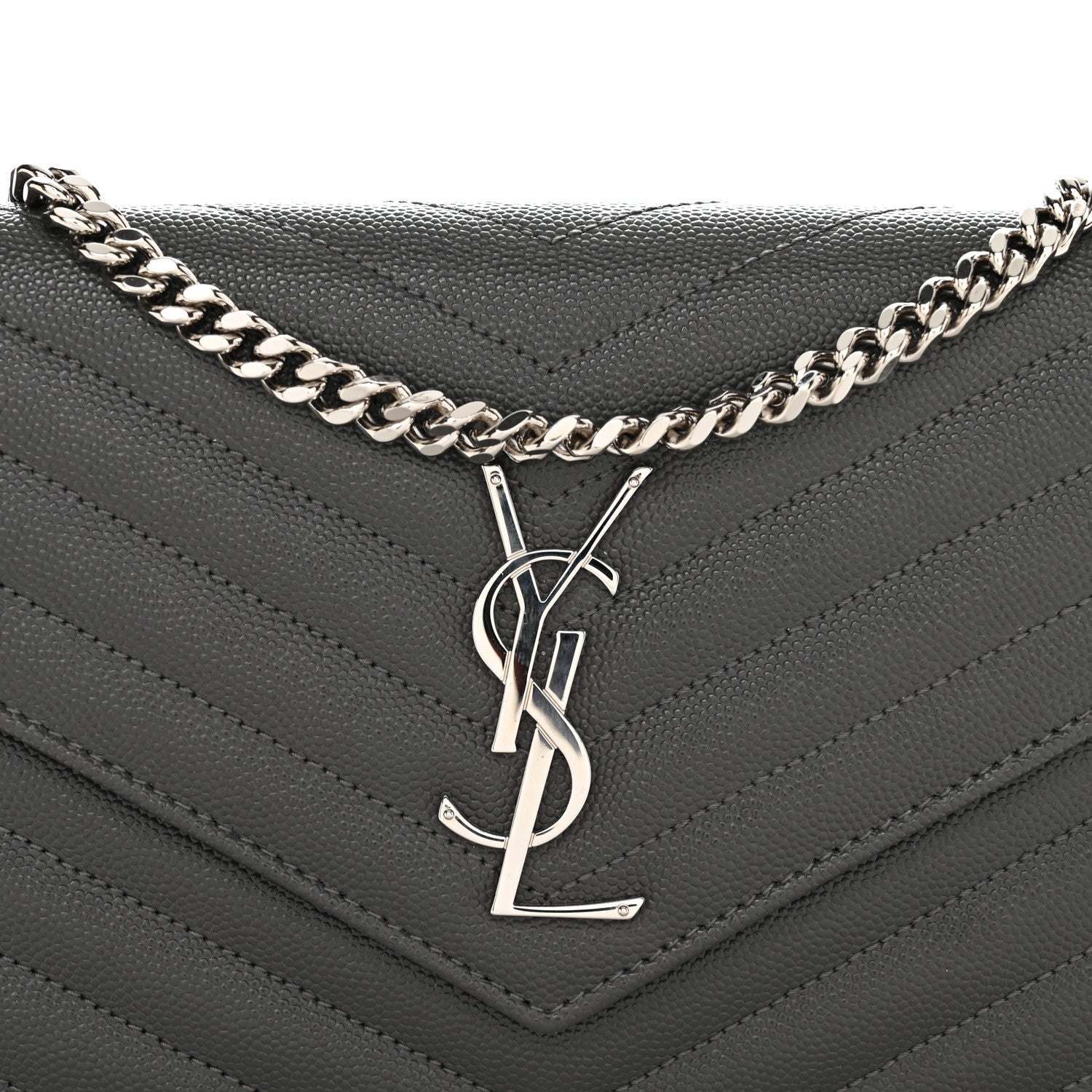 Saint Laurent Grain De Poudre Matelasse Chevron Monogram Chain Wallet Oyster Grey 7 of 10