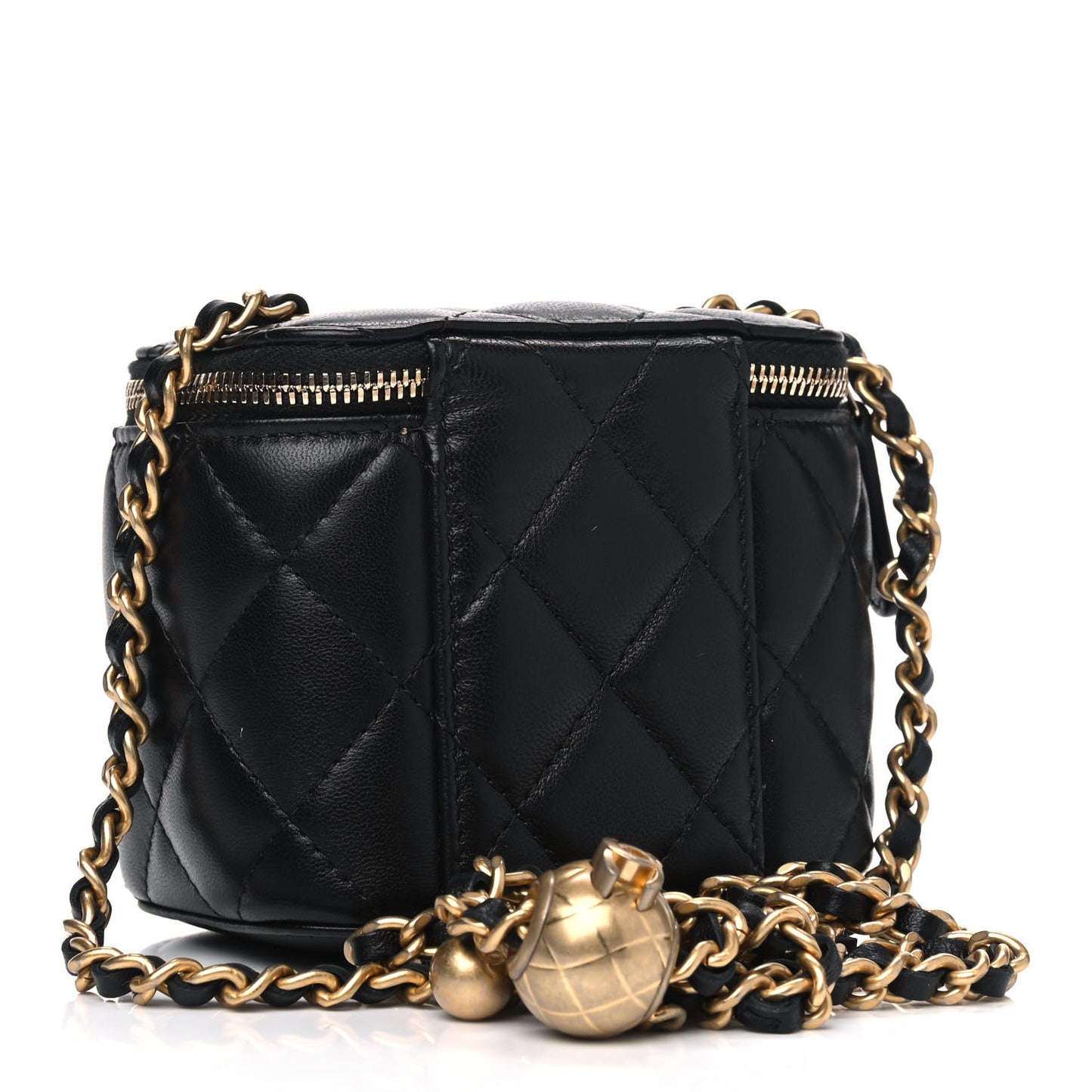Lambskin Quilted Mini Pearl Crush Vanity Case With Chain Black