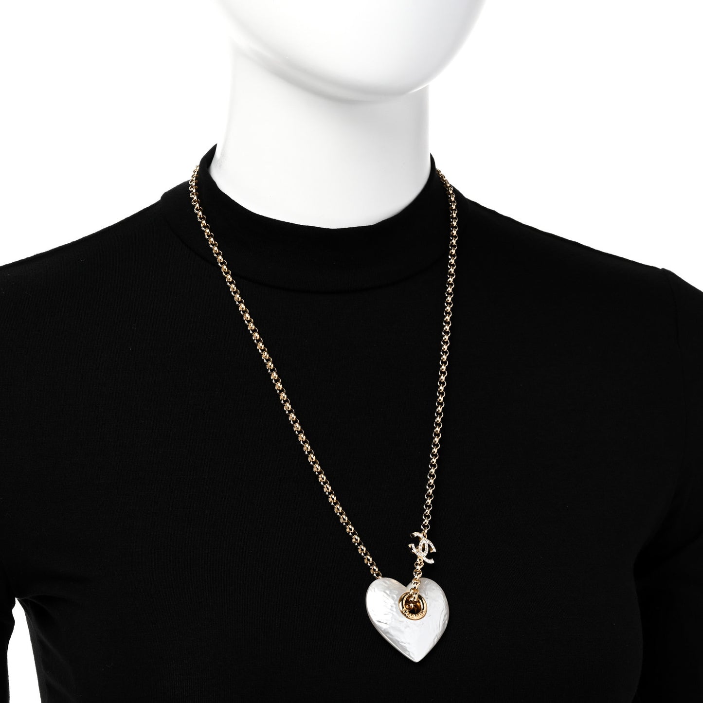 Crystal Pearl CC Heart Pendant Necklace Gold