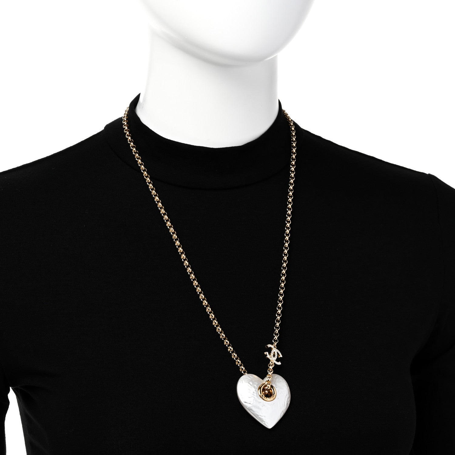 Chanel Crystal Pearl CC Heart Pendant Necklace Gold 2 of 6