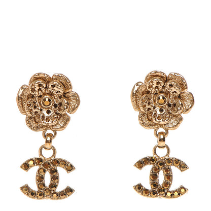 Chanel Crystal CC Camellia Drop Earrings Gold 1 of 4