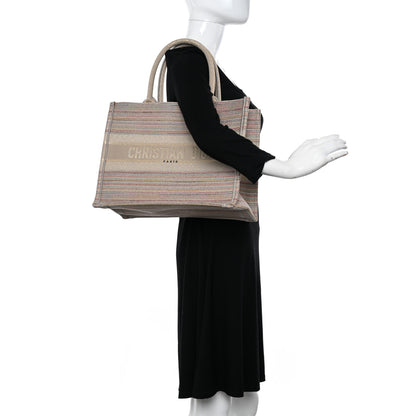Christian Dior Canvas Embroidered Medium Stripes Book Tote Beige Multicolor 2 of 15